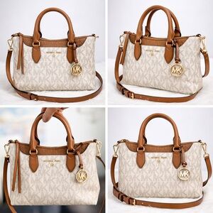 Michael Kors Mini Satchel Crossbody Vanilla MK Signature Brown Leather